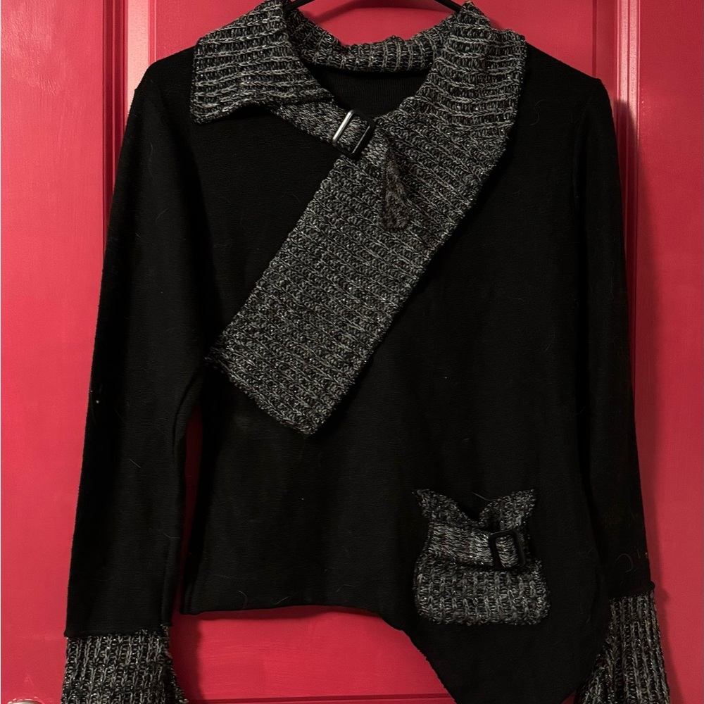 Black and Gray Sweater with Scarf Detail